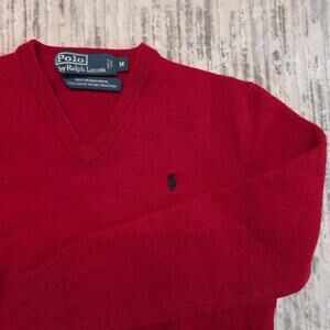 Polo Ralph Lauren Sweater Medium Boys 100% Merino Wool Red V-Neck Pullover